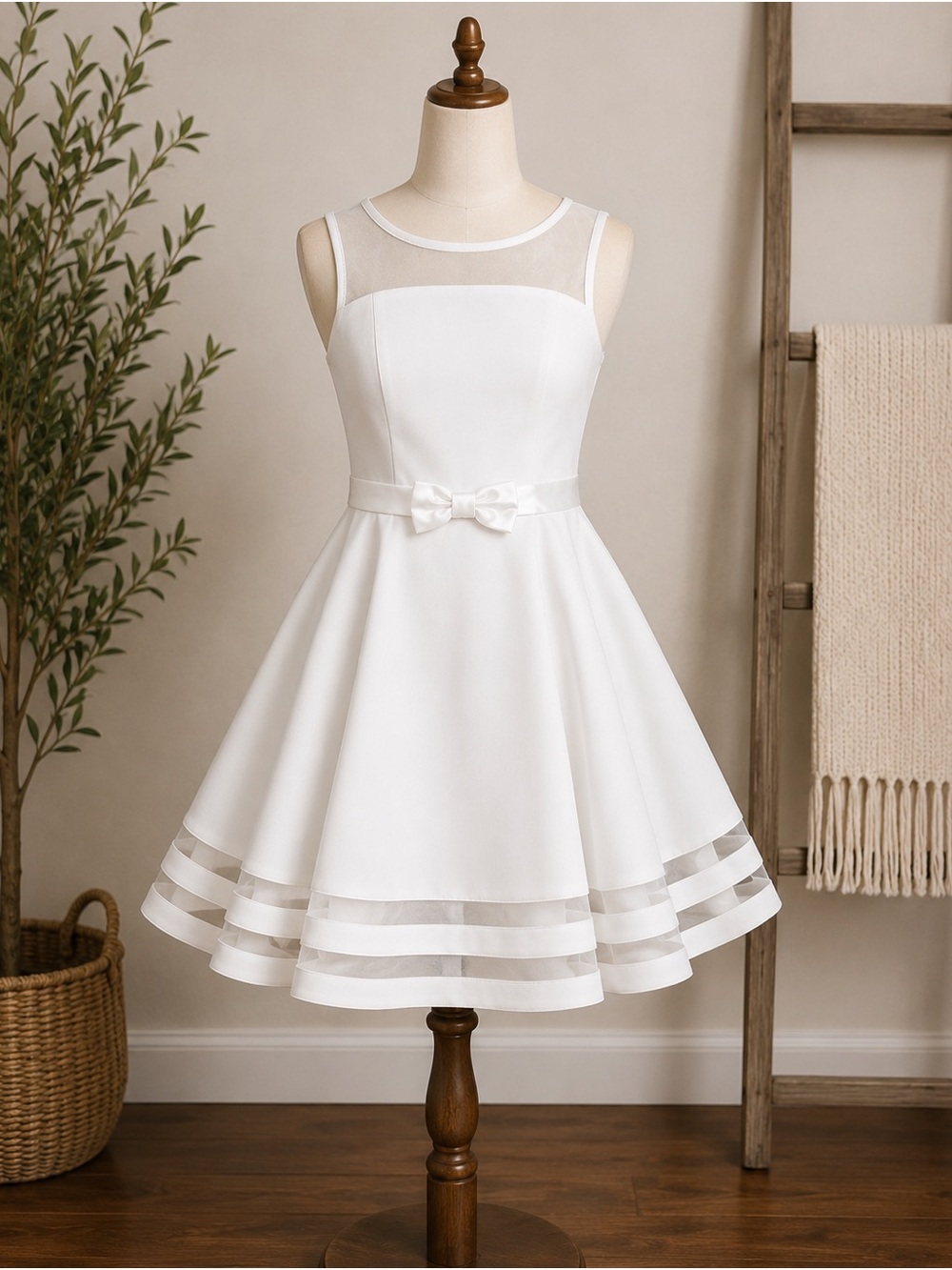 White Mesh Yoke Bow A-Line Kids Dress